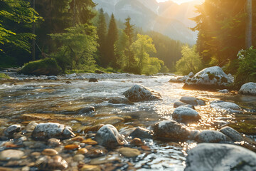 The sparkling river flows through the forest, with rocks on both sides and sunlight shining in the distance