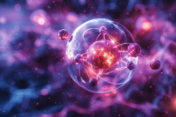 A digitally rendered image illustrating a glowing atom structure against a deep space backdrop