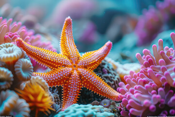 A beautiful starfish resting on the coral reef, under water photography with a wide angle lens capturing the stunning nature scene and intricate details of its texture and colors. Created with Ai