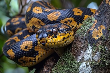 Fototapeta premium Close-up view of a vibrant yellow and black boa constrictor snake coiled around a mossy branch in a green forest