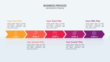 Infographic Timeline with 5 Steps and Editable Text on a 16:9 Layout for Business Presentations, Management, and Evaluation.
