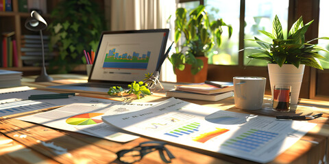 Close-up of a renewable energy consultant's desk with energy efficiency reports and renewable energy proposals, representing a job in renewable energy consulting