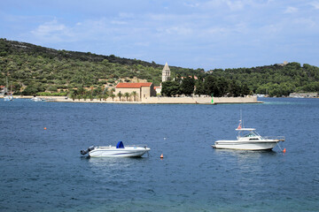 Fototapeta na wymiar view on the peninsula with the Church of St. Jerome, island Vis, Croatia