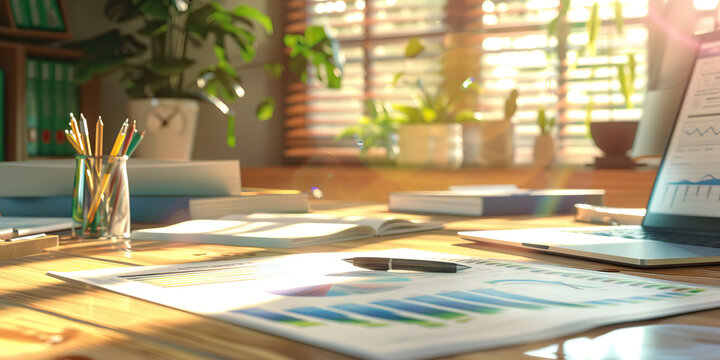 Close-up of a renewable energy consultant's desk with energy efficiency reports and renewable energy proposals, representing a job in renewable energy consulting
