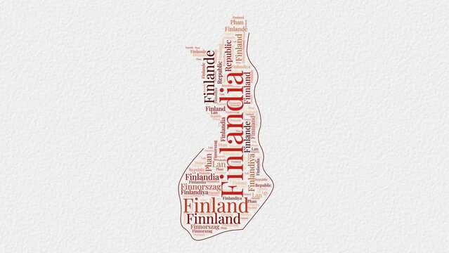 Finland logo animation. Finland boundary word cloud animation. Video of country names in multiple languages popping out on paper style background. Country opening, intro, presentation video.