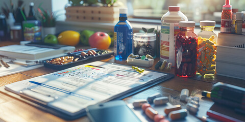 Close-up of a sports nutritionist's desk with dietary supplements and nutrition plans, illustrating a job in sports nutrition