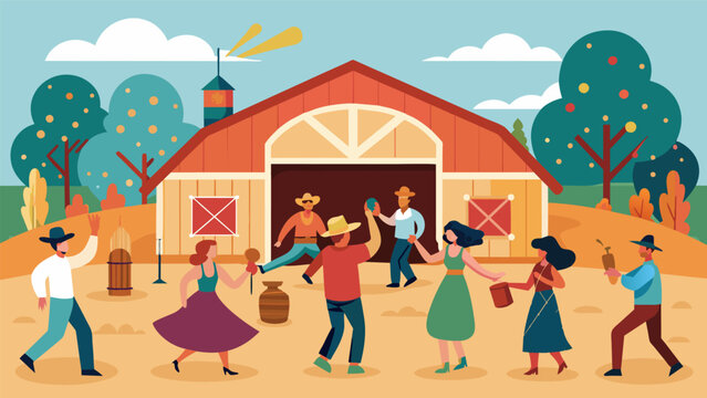 The farms barn doors are swung open revealing a lively dance party complete with country line dancing and upbeat music allowing everyone to let loose. Vector illustration