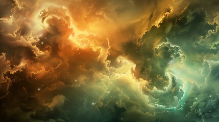 Fototapeta premium An abstract background of light brown and green clouds and stars.