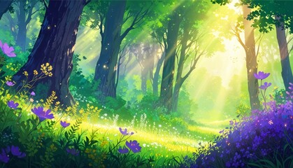 Anime landscape with sunbeams coming through the trees of the forest - Fantasy scenery of sunlight in the forest