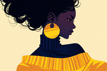 Vibrant African woman in traditional yellow and black dress with earrings on colorful background