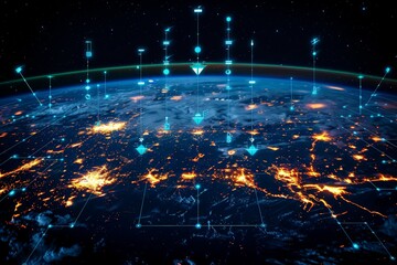 This image represents global connectivity with a network overlay on a night-time Earth, symbolizing communication and technology on a planetary scale