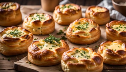 Freshly baked homemade cheese savory pastries in rustic setting
