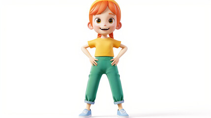 Cartoon in fashion clothes green pants, Cute excited smiling colorful red-haired K-pop, yellow t-shirt, blue sneakers stands with hands on hips has fun, joy
