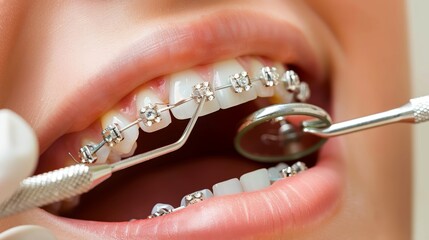 Woman with braces receiving orthodontic treatment to align teeth in dental appointment