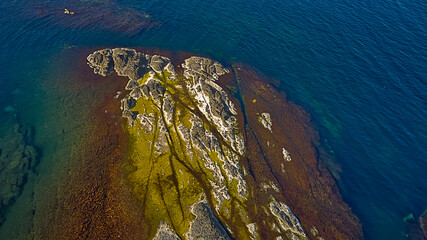 A panoramic view of the sea and rocky coves on the coast of the Black Sea in Bulgaria. This aerial...