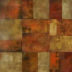 A minimalist geometric pattern composed of large, overlapping squares and rectangles in earthy tones like ochre and rust, with a subtle grunge texture for added depth
