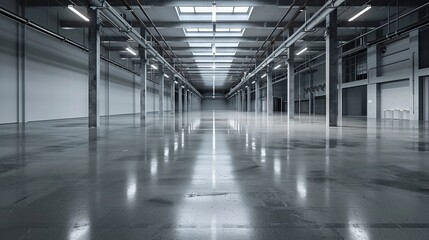 Spacious and modern empty gray industrial warehouse interior with bright lighting and a clean, polished concrete floor, reflecting a minimalistic design