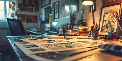 Close-up of a graphic novelist's desk with storyboard sketches and digital illustration tools, showcasing a job in graphic novel creation
