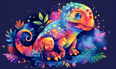 abstract illustration of a dinosaur in childish style, logo for t-shirt print