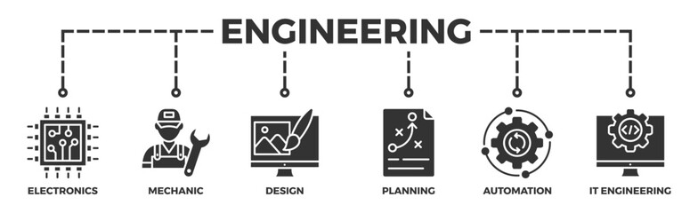 Engineering banner web icon vector illustration concept with icon of electronics, mechanic, design, planning, automation and it engineering