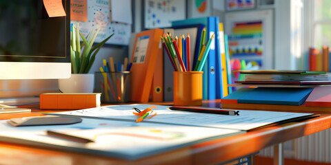 Close-up of a museum educator's desk with educational materials and museum programs, representing a job in museum education