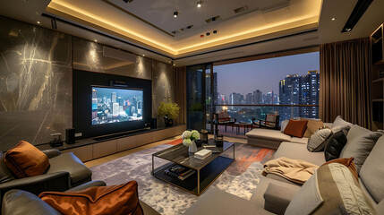 tech - savvy entertainment room with integrated audio system featuring a large black television, wo