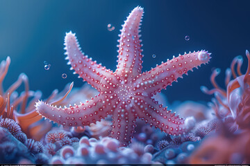  A beautiful pink starfish with white dots, sitting on anemones in the ocean. Created with AI