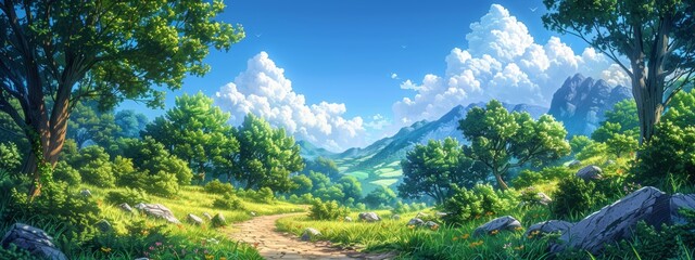 A pixelated forest background with vibrant green trees, pixelated clouds in a blue sky, and a winding path leading into the distance.