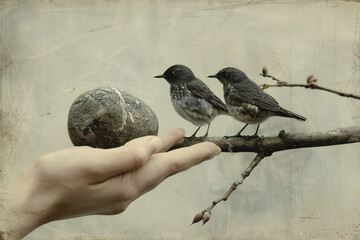 Killing two birds with one stone concept, illustration of a hand holding a stone in front of two birds - 799131945