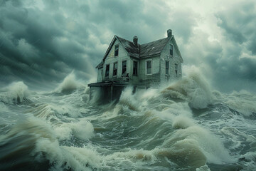 Weathering the storm concept, a house in a storm surrounded by high waves and dark clouds - 799131975