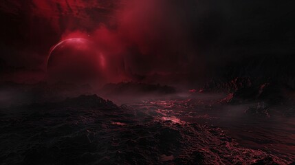 Fototapeta premium A panoramic abstract landscape with a crimson fog rolling across a vast black expanse, reminiscent of a mysterious swamp at night 