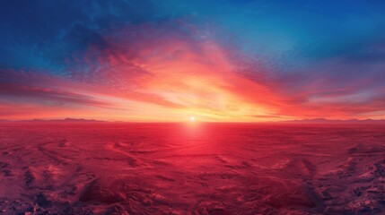 A panoramic abstract landscape with a vast expanse of cerulean blue fading into a fiery red horizon, reminiscent of a sunrise over a desert  