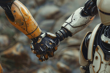 Two robots holding hands close-up, AI emotion learning concept - 799132199
