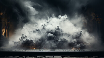 A mysterious scene captured in the midst of a storm, with smoke adding to the intrigue