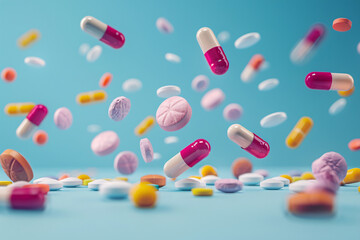 Medication and supplements concept, colorful pills flying through the air against a blue background 