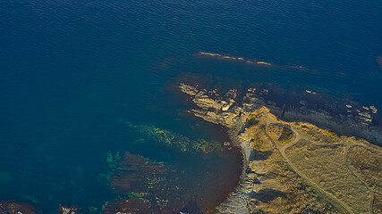 A panoramic view of the sea and rocky coves on the coast of the Black Sea in Bulgaria. This aerial...