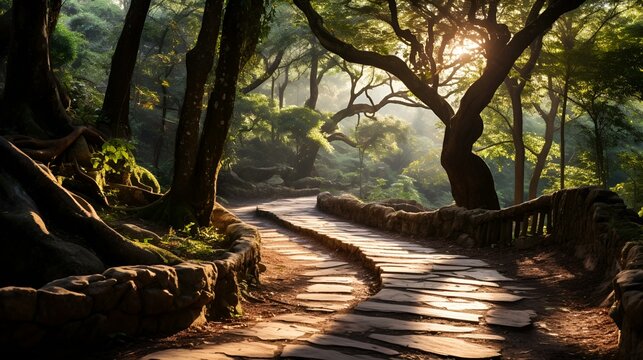 A picturesque forest trail with trees and rocks scattered around