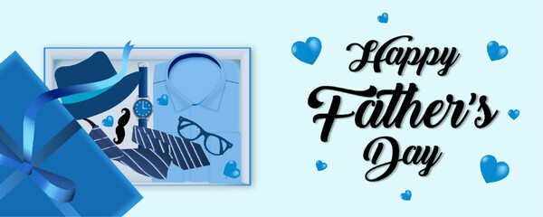 Father's Day Sale poster or banner template with necktie, glasses, hat, moustache, watch, hearts and gift box. Promotion and shopping template for love dad concept.