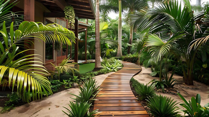 Fototapeta na wymiar tropical front yard with palm trees and wooden pathway