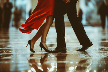 Legs of a man and a woman dancing tango, the woman is wearing a bright red dress and the man is wearing black slacks and dress shoes