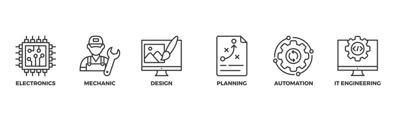 Engineering banner web icon vector illustration concept with icon of electronics, mechanic, design, planning, automation and it engineering