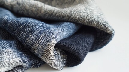 Close up of assorted blue and gray textiles