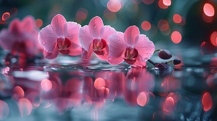 Reflections of pink orchid flowers in water on a pink background