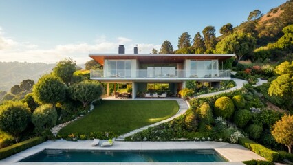 Beautiful modern design architecture image of home with pool. Generative AI.