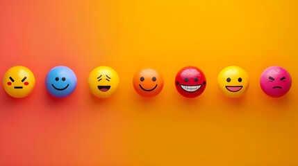 Emojis in variety of expressions on bright orange wall.
