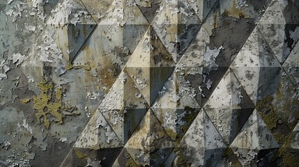 A photorealistic closeup of an aged concrete wall with geometric shapes like triangles and squares etched into its surface, covered in a layer of peeling paint and moss 