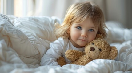In a white room, a cute baby is sitting near a window, hugging a teddy bear.