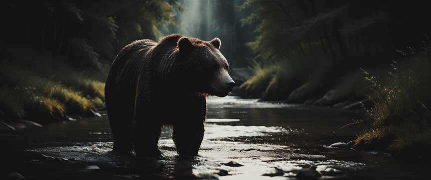 illustrazione di orso bruno che attraversa un ruscello