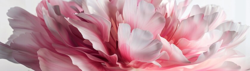 A photorealistic watercolor closeup of a blooming peony, its delicate petals softly illuminated, set against a crisp white background 