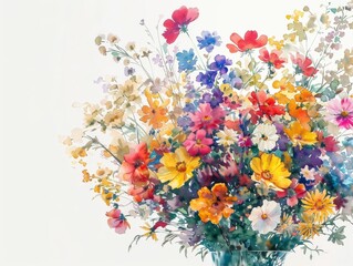 A photorealistic watercolor artwork of a lush, overflowing vase filled with colorful wildflowers, against a crisp white background 